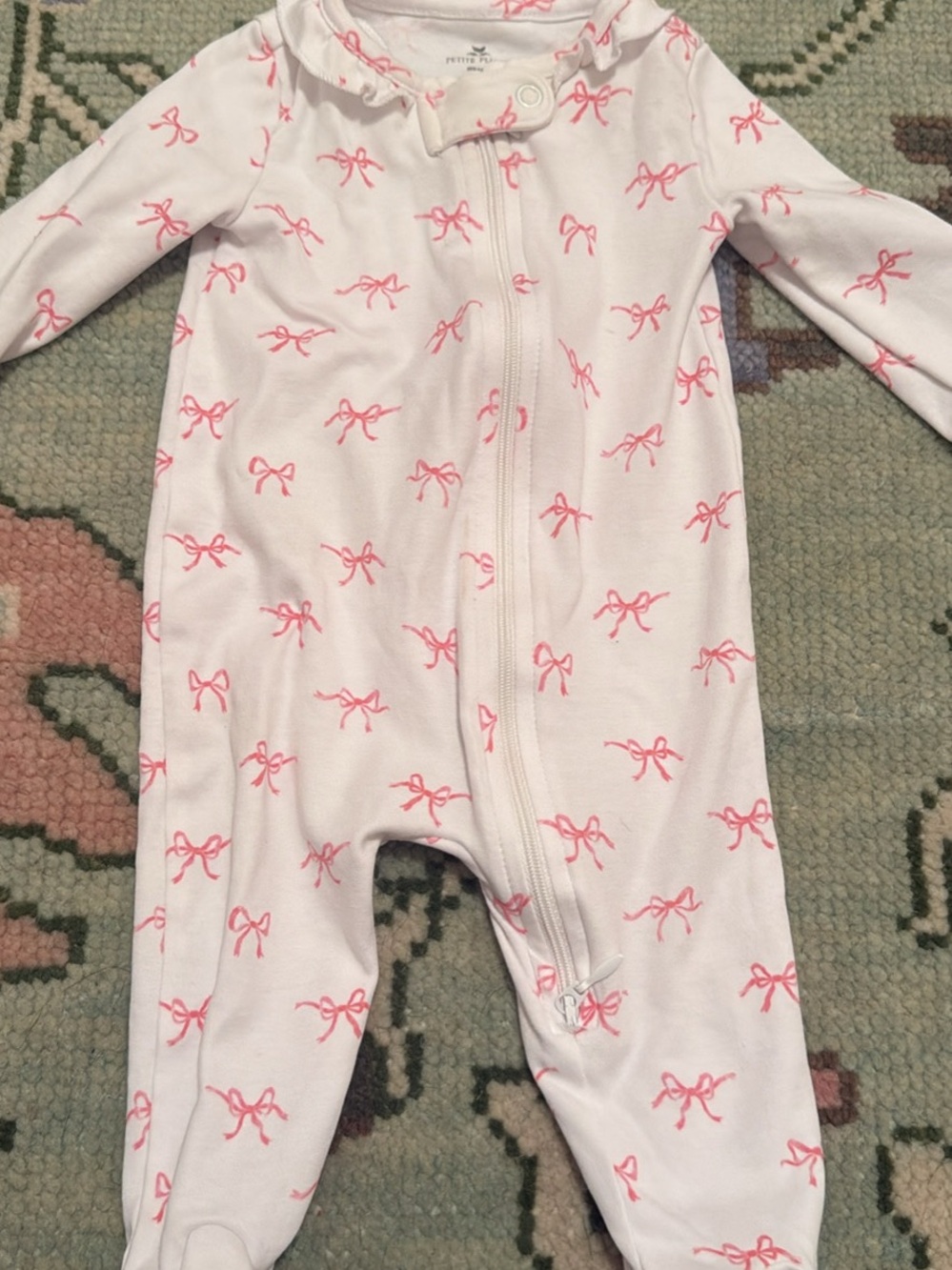 Baby Zip-Front Bow Print Footed One-Piece - Pink